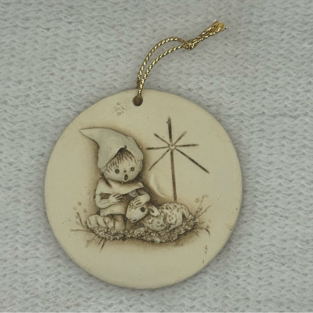 Vintage 1980 Nativity Boy & Lamb Ornament – Bisque Ceramic – Made in Taiwan